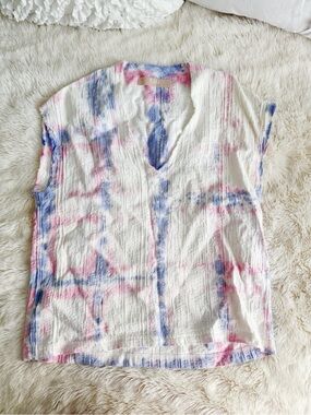 CALI White Tie-Dye V-Neck Tunic with Pink & Blue Accents